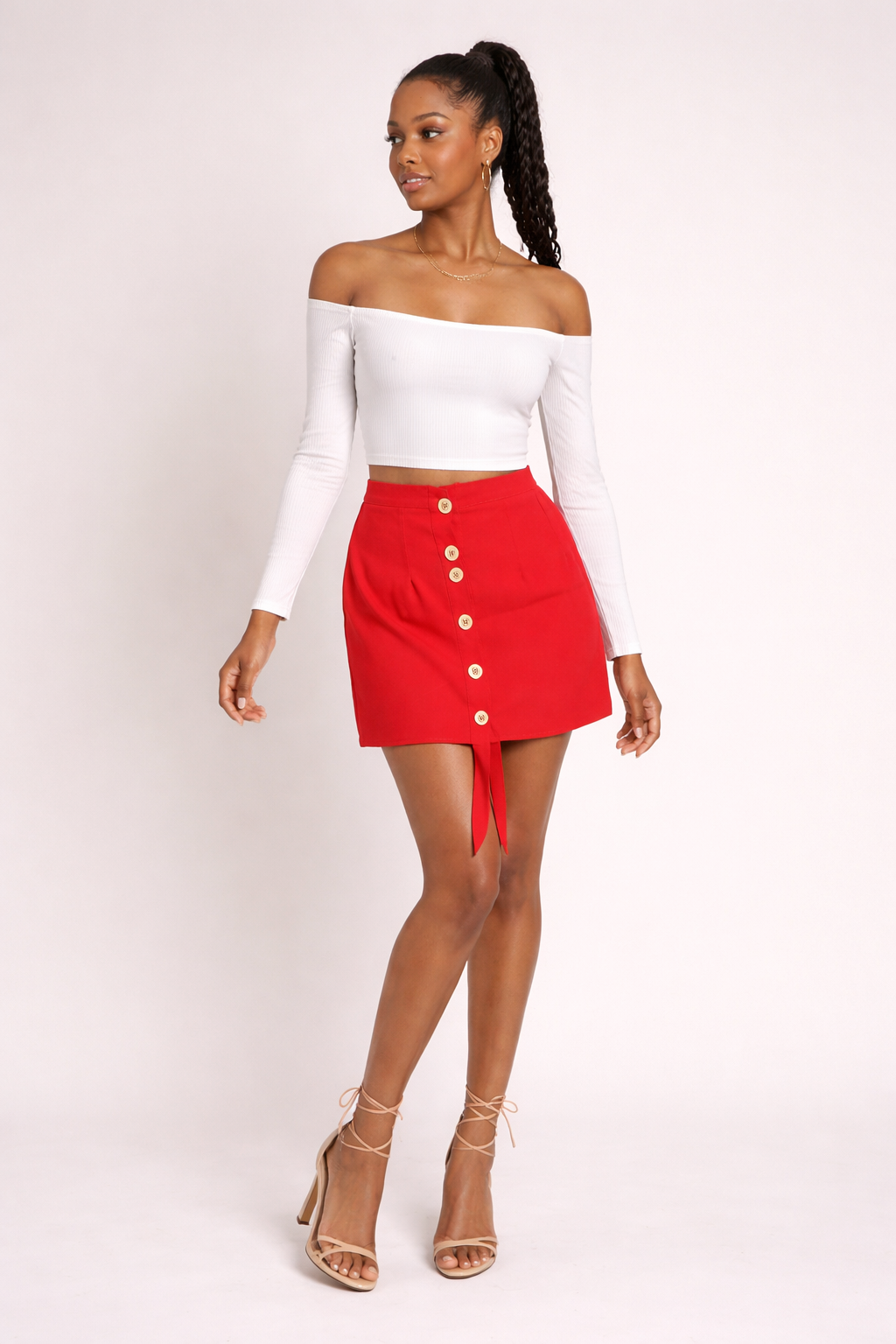 Red Buttoned Front Mini Skirt