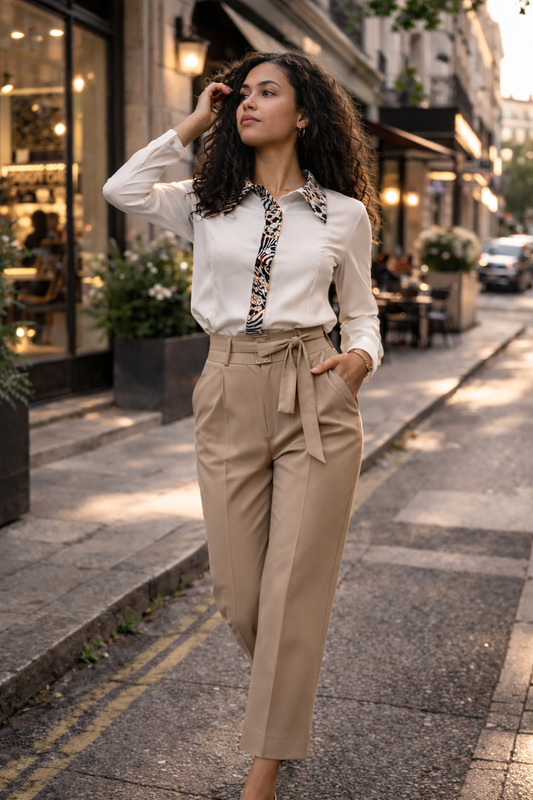 White Collared Satin Long Sleeve Shirt