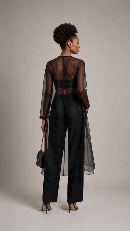 Sheer Organza Midi Dress – Black