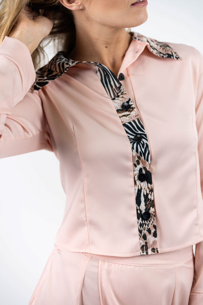 Pink Collared Satin Long Sleeve Shirt