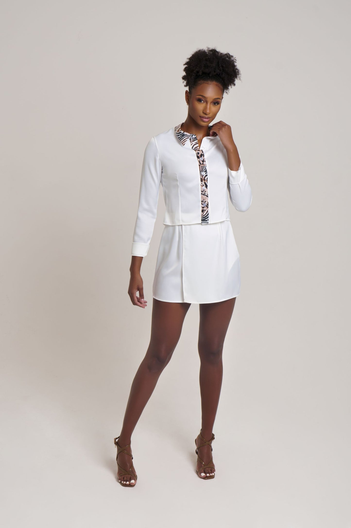 White Collared Satin Long Sleeve Shirt